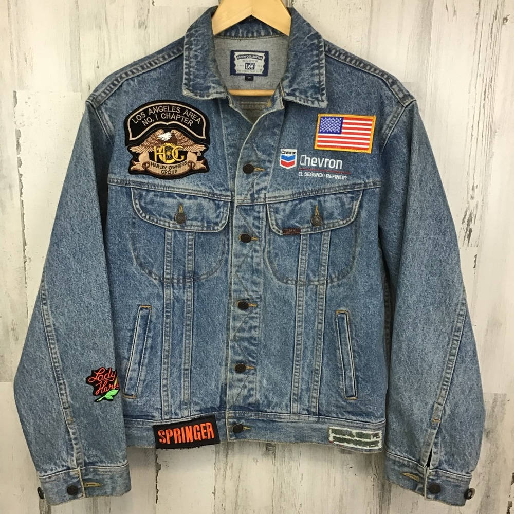 Vintage 1970s Lee Denim Jacket Chevron Harley Davidson Rider Flag Rose Patches